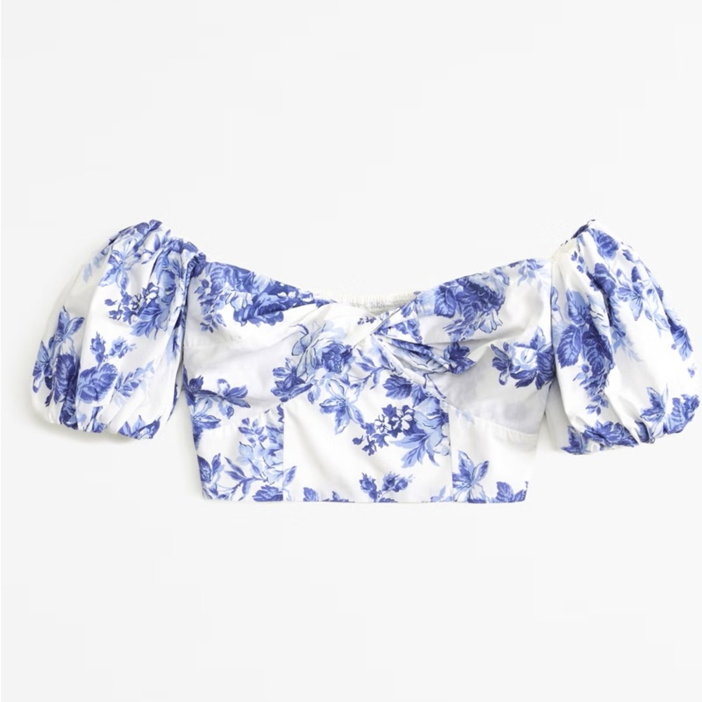Abercrombie & Fitch Blue and White Crop Blouse with Puffed Sleeves